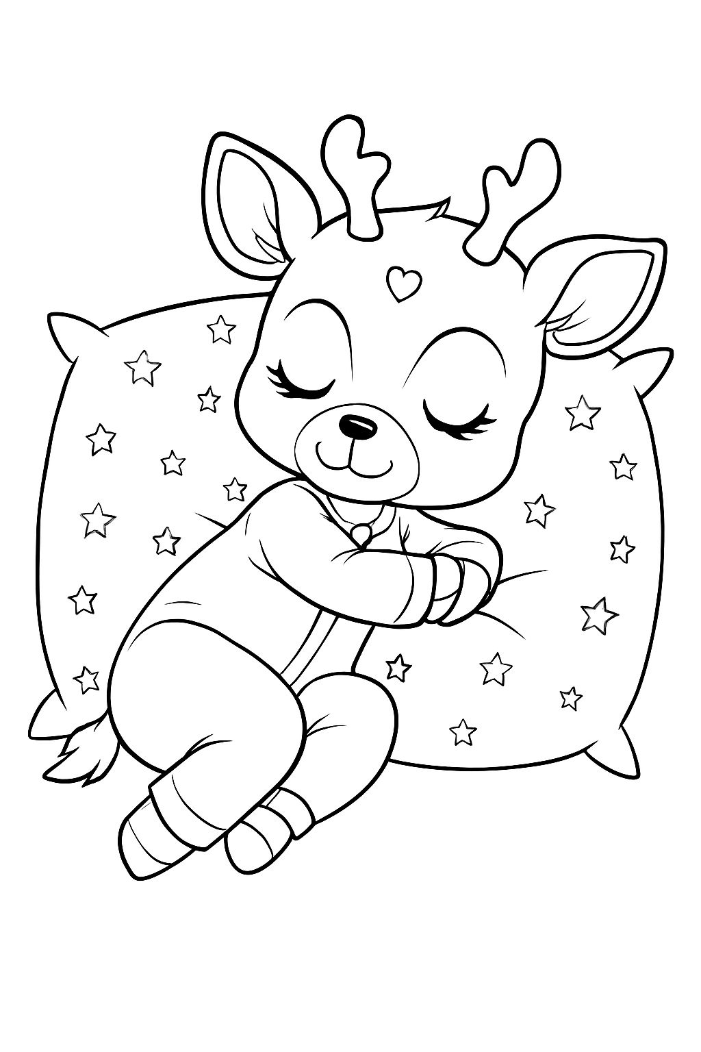 Adorable Sleeping Cartoon Deer Character Line Drawing Coloring Book Pages Playground