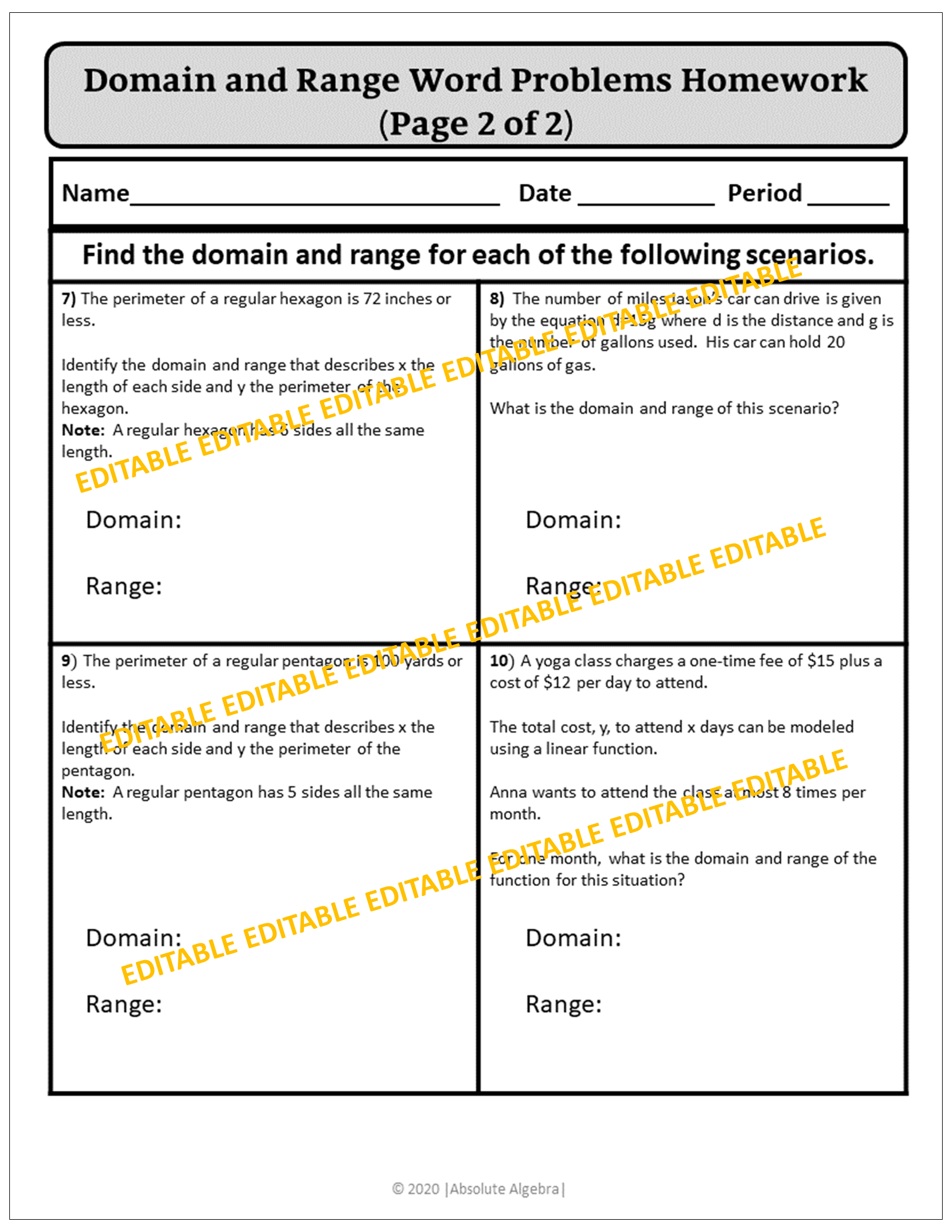 Algebra I Domain And Range Word Problems Notes Practice Homework Editable U2 Absolute Algebra Algebra I Domain And Range Word Problems Notes Practice Homework Editable U2 Absolute Algebra
