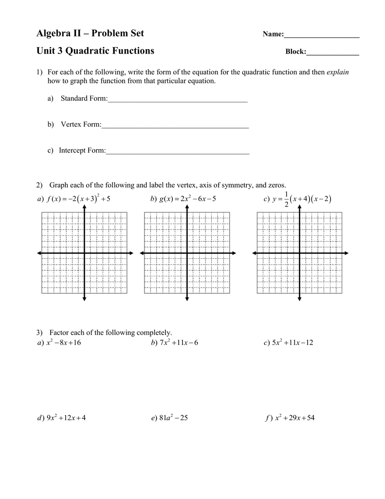 Algebra II Quadratic Functions Problem Set Algebra II Quadratic Functions Problem Set