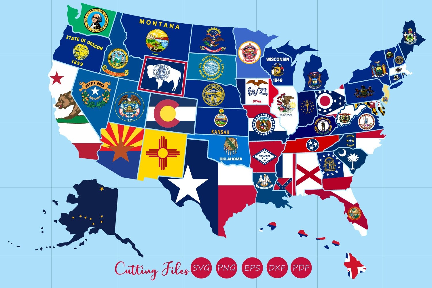All 50 US States Map With Flag Design All 50 US States Map With Flag Design