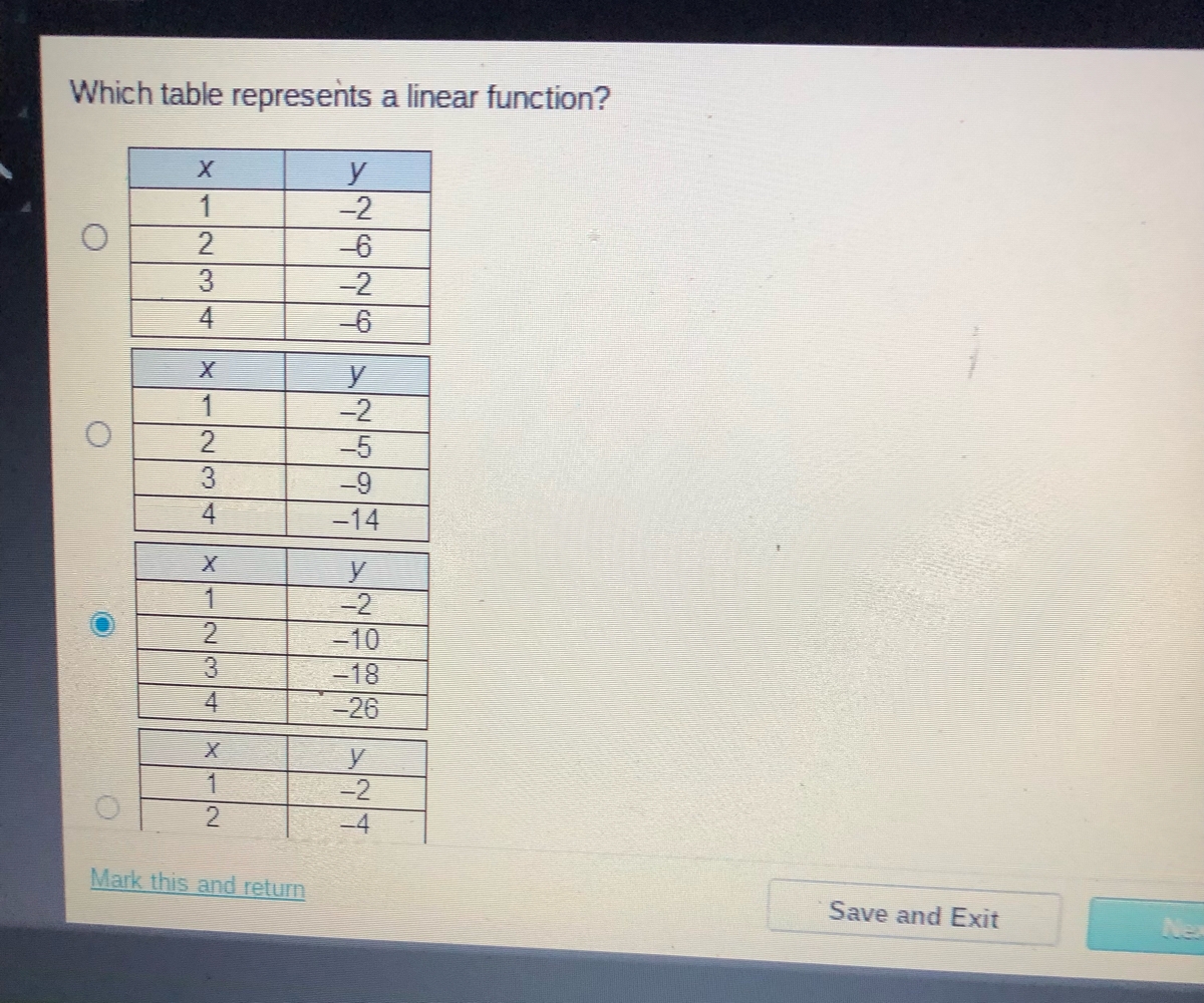 Answered Which Table Represents A Linear Function Y 2 1 6 2 4 6 Y 2 1 2 5 3 9 4 14 2 10 3 18 4 26 Y 2 1 4 Mark This And Return Save And Exit Bartleby Answered Which Table Represents A Linear Function Y 2 1 6 2 4 6 Y 2 1 2 5 3 9 4 14 2 10 3 18 4 26 Y 2 1 4 Mark This And Return Save And Exit Bartleby