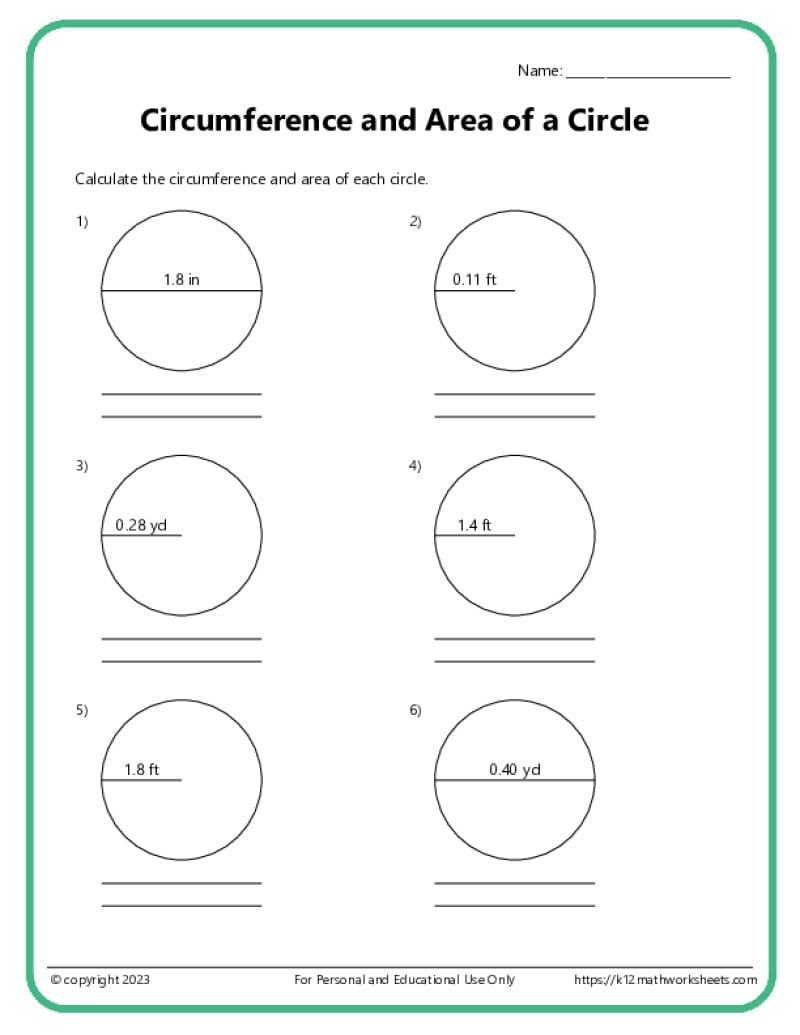 Area And Circumference Of Circles K12 Math Worksheets
