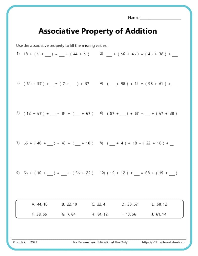 Associative Property Of Addition Worksheets K12 Math Worksheets