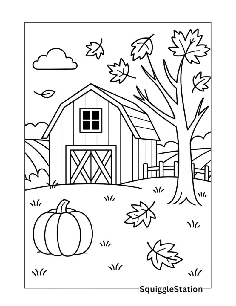 Barn In Autumn Coloring Page Free Printable PDF Squigglestation Barn In Autumn Coloring Page Free Printable PDF Squigglestation