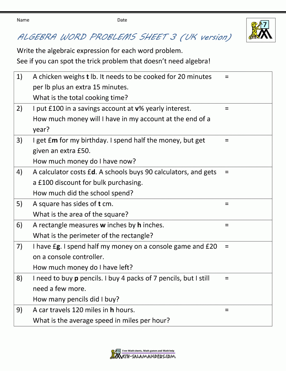 Basic Algebra Worksheets Basic Algebra Worksheets