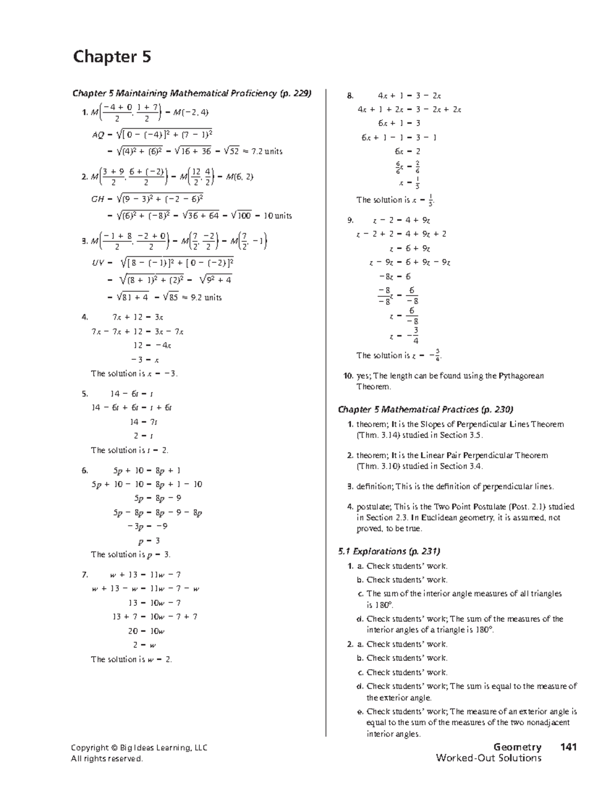 Big Ideas Geometry 141 Chapter 5 Worked Out Solutions Studocu