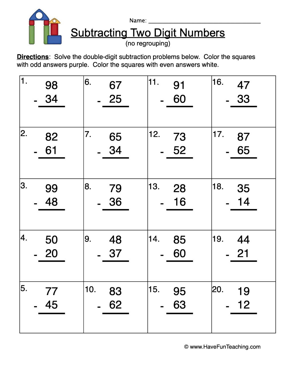 Blocks Double Digit Subtraction Without Regrouping Worksheet Have Fun Teaching Blocks Double Digit Subtraction Without Regrouping Worksheet Have Fun Teaching