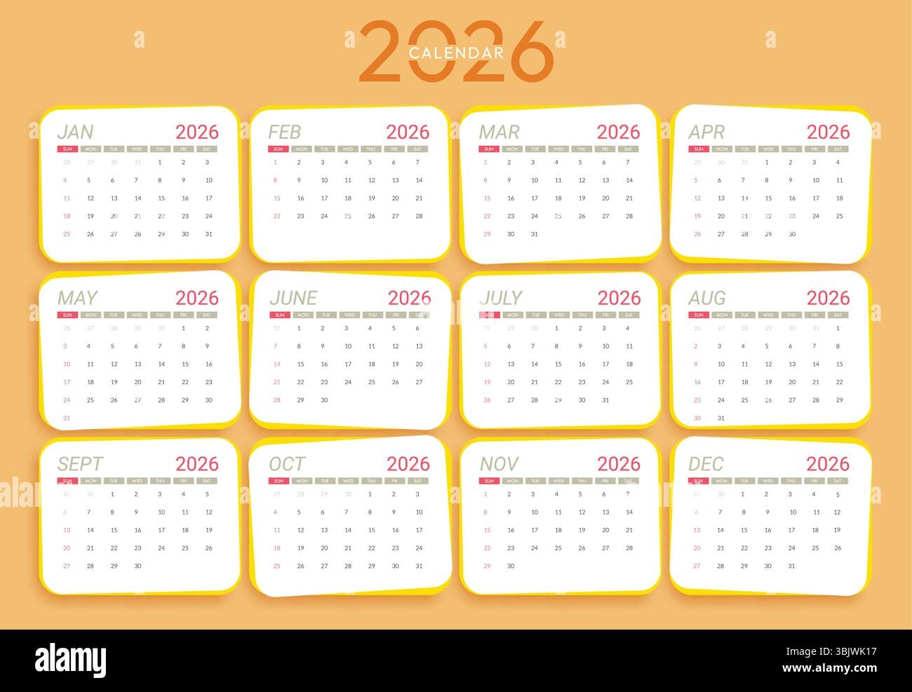 Calendar 2026 Year Template Clipart Set Collection Of 12 Months Year 2026 Calendar Weekly Lay Out Clip Art For Schedule Planner To Do List Stock Vector Image Art Alamy