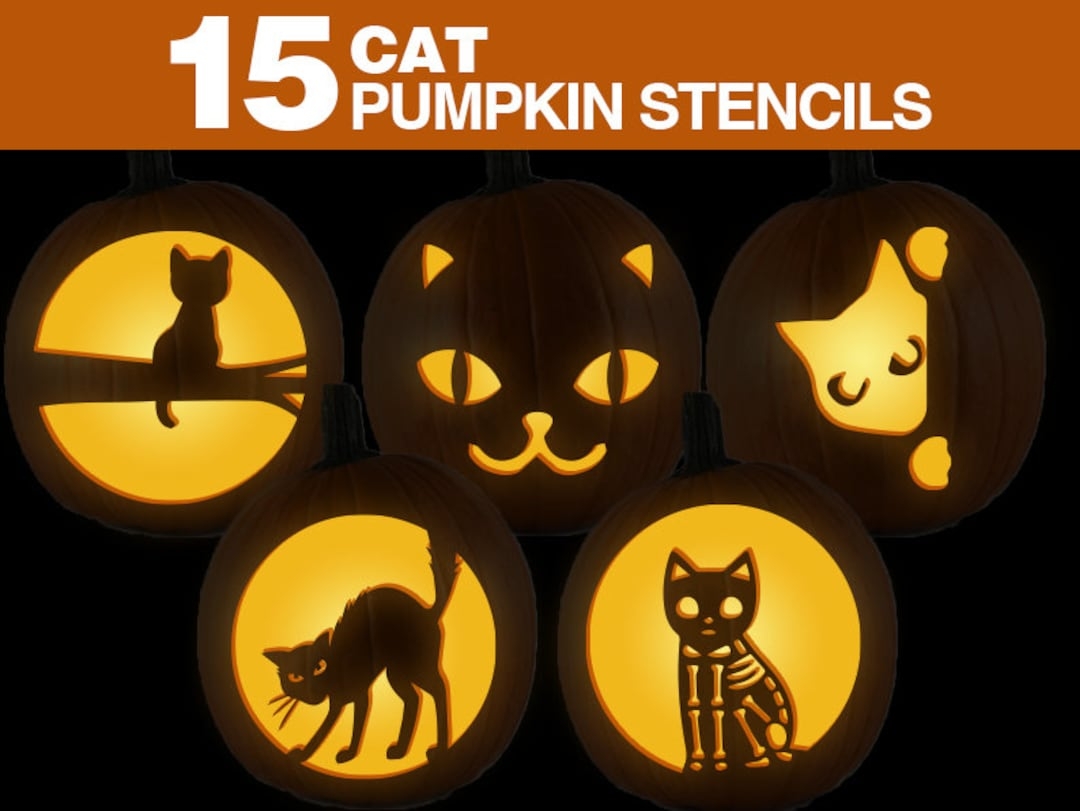 Cat Pumpkin Stencils Printable Cat Pumpkin Carving Stancils Set Kids Halloween Crafting Etsy