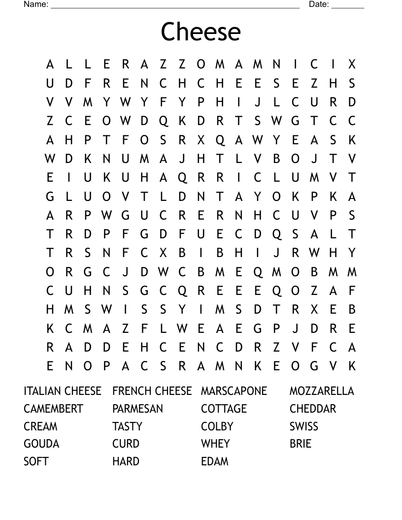 Cheese Word Search WordMint Cheese Word Search WordMint