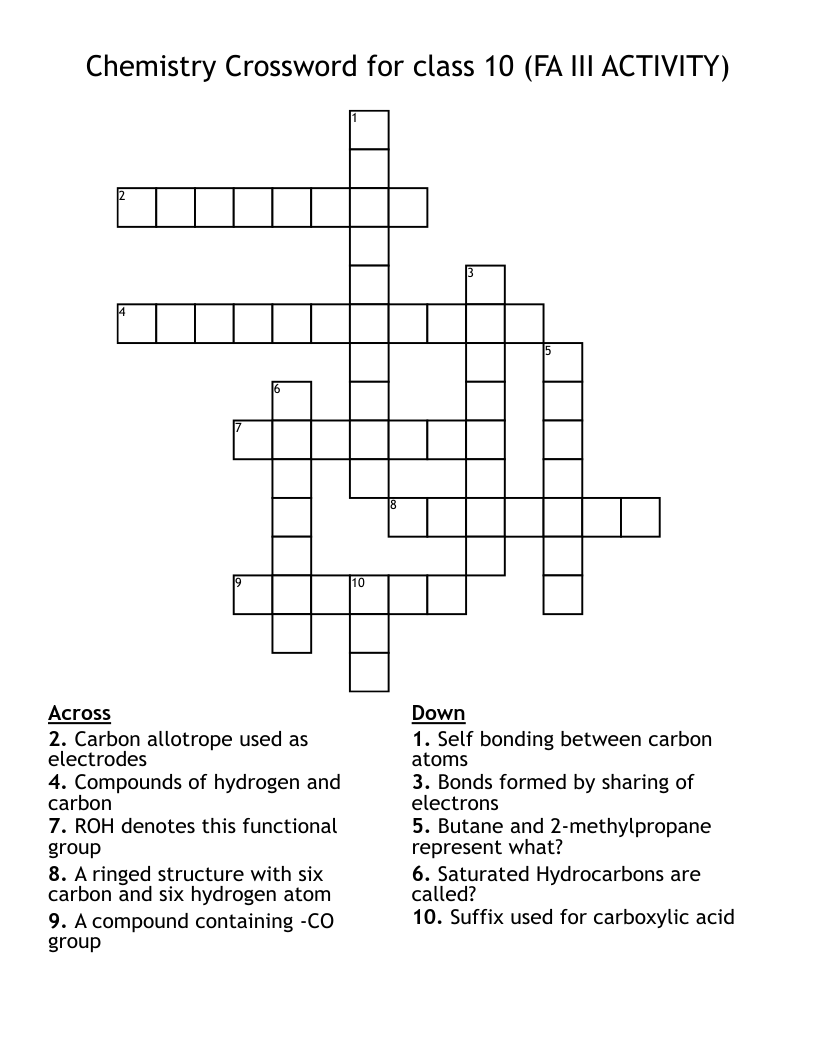 Chemistry Crossword For Class 10 FA III ACTIVITY WordMint