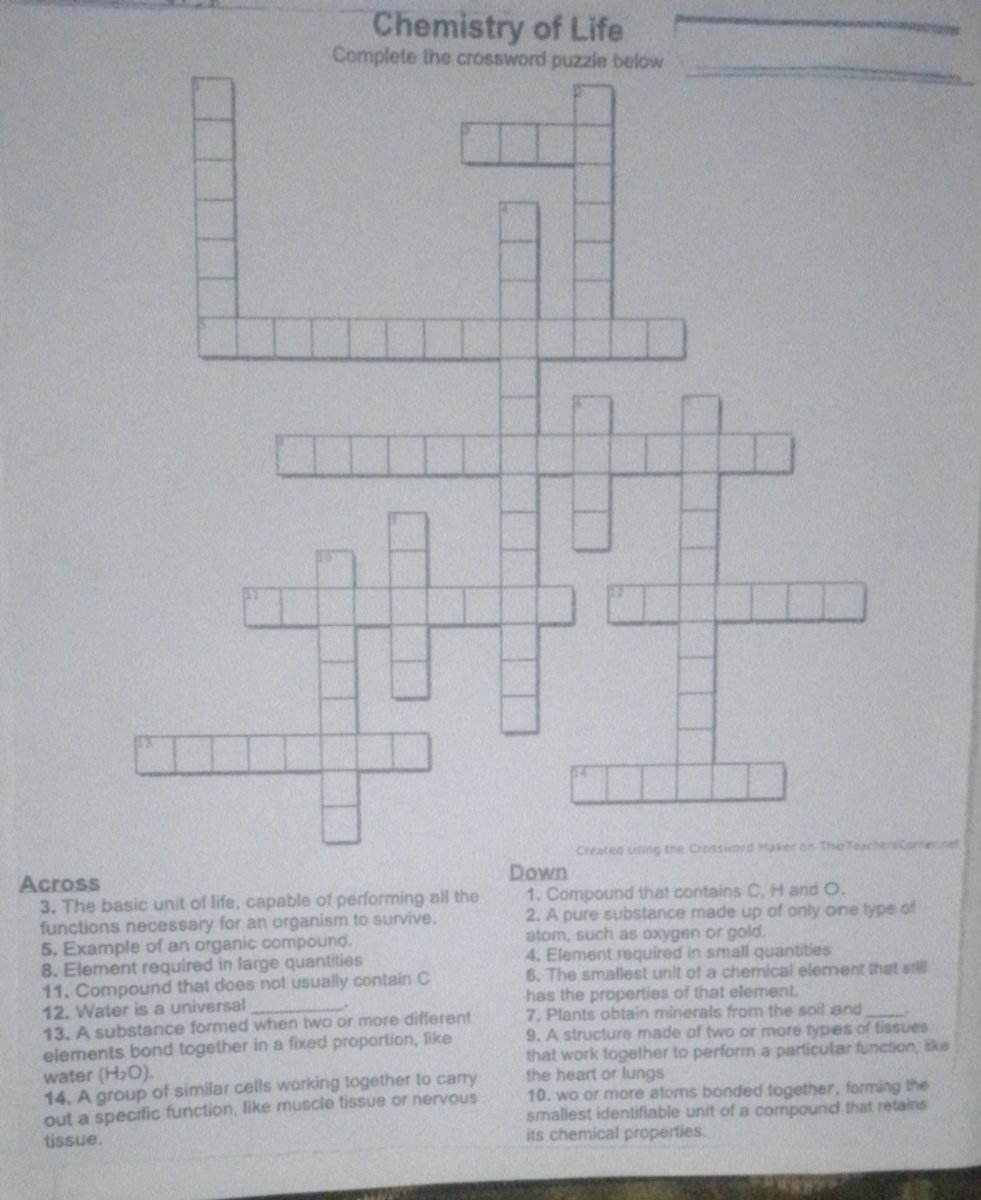 Chemistry Of Life Complete The Crossword Puzzle Below Across The Basic U 