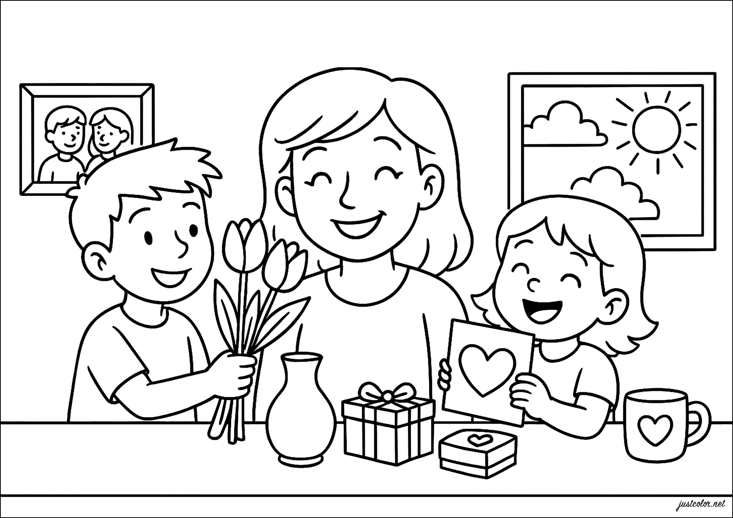 Children Giving Gifts To Their Mother Mother s Day Coloring Pages