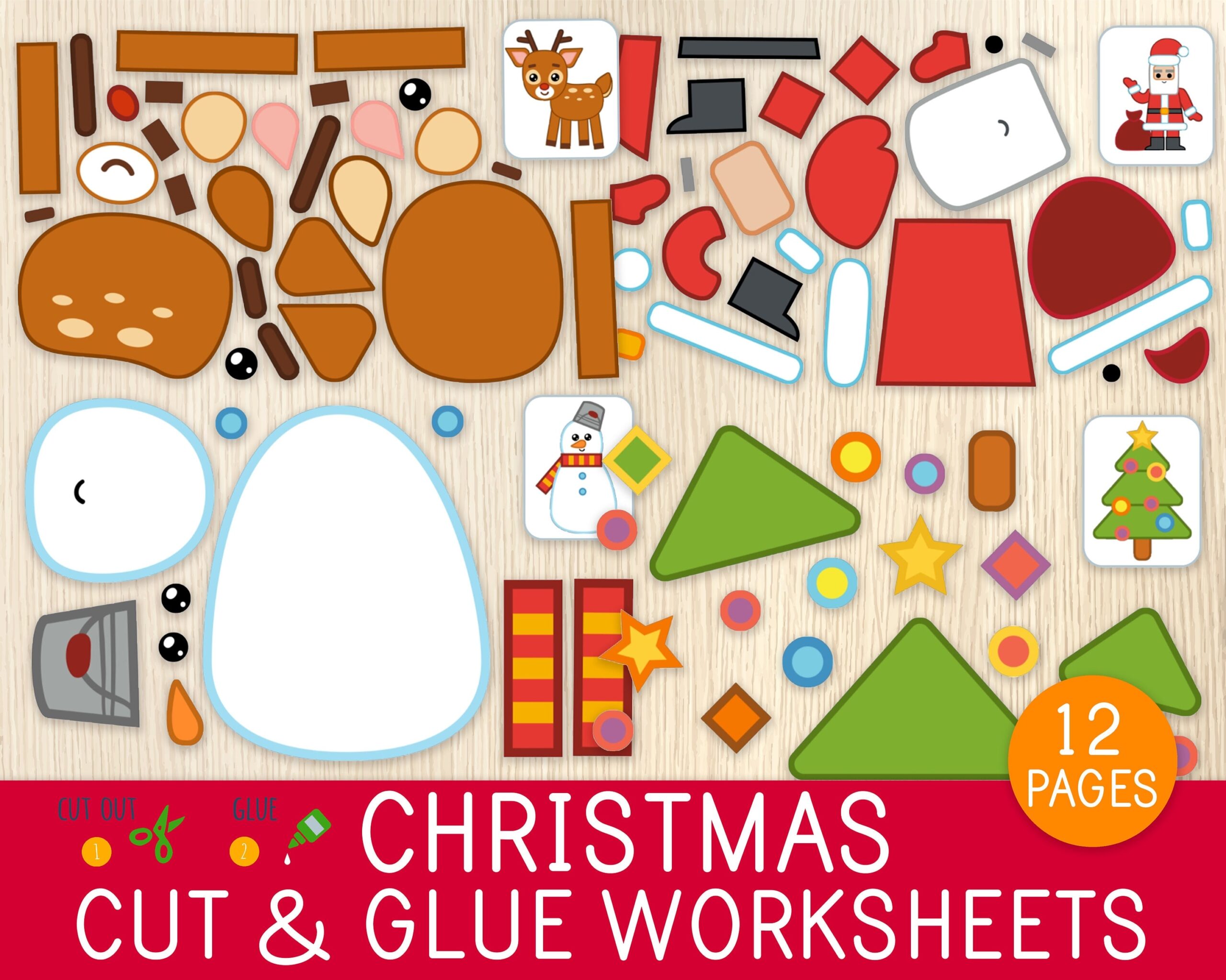 Christmas Cut Glue Worksheets 12 Activity Pages Cut And Paste Preschool Kindergarten Christmas Game Scissor Skills Cutting Practice Etsy