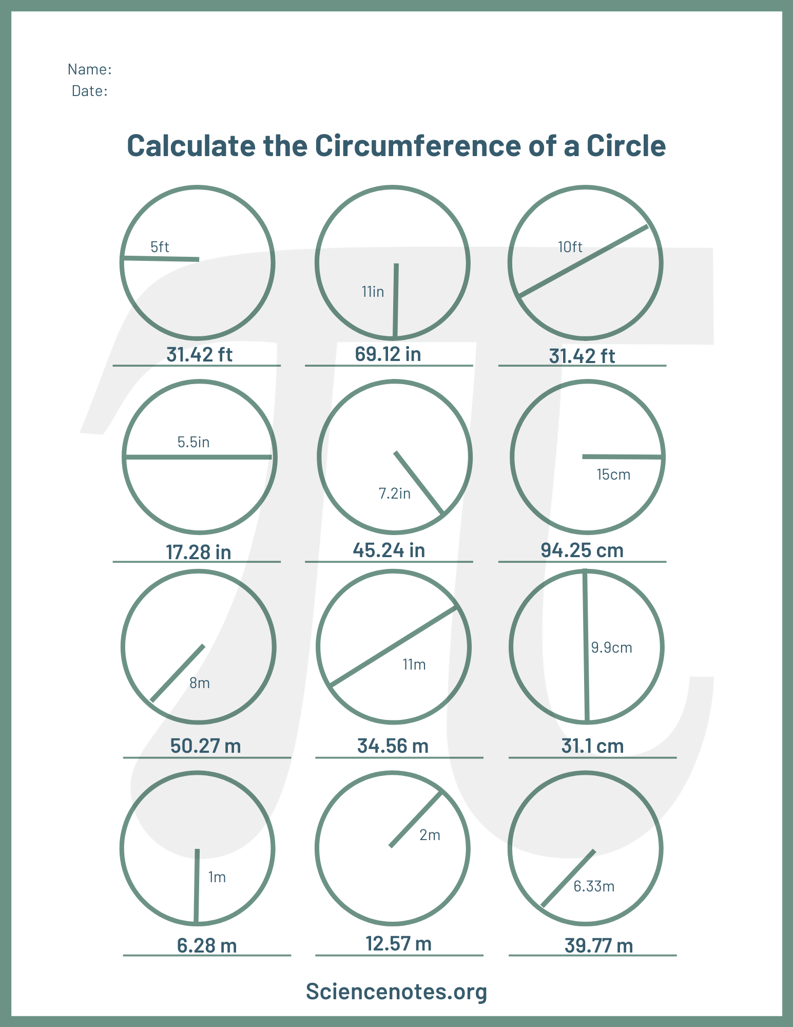Circle Facts Area Circumference Diameter Radius