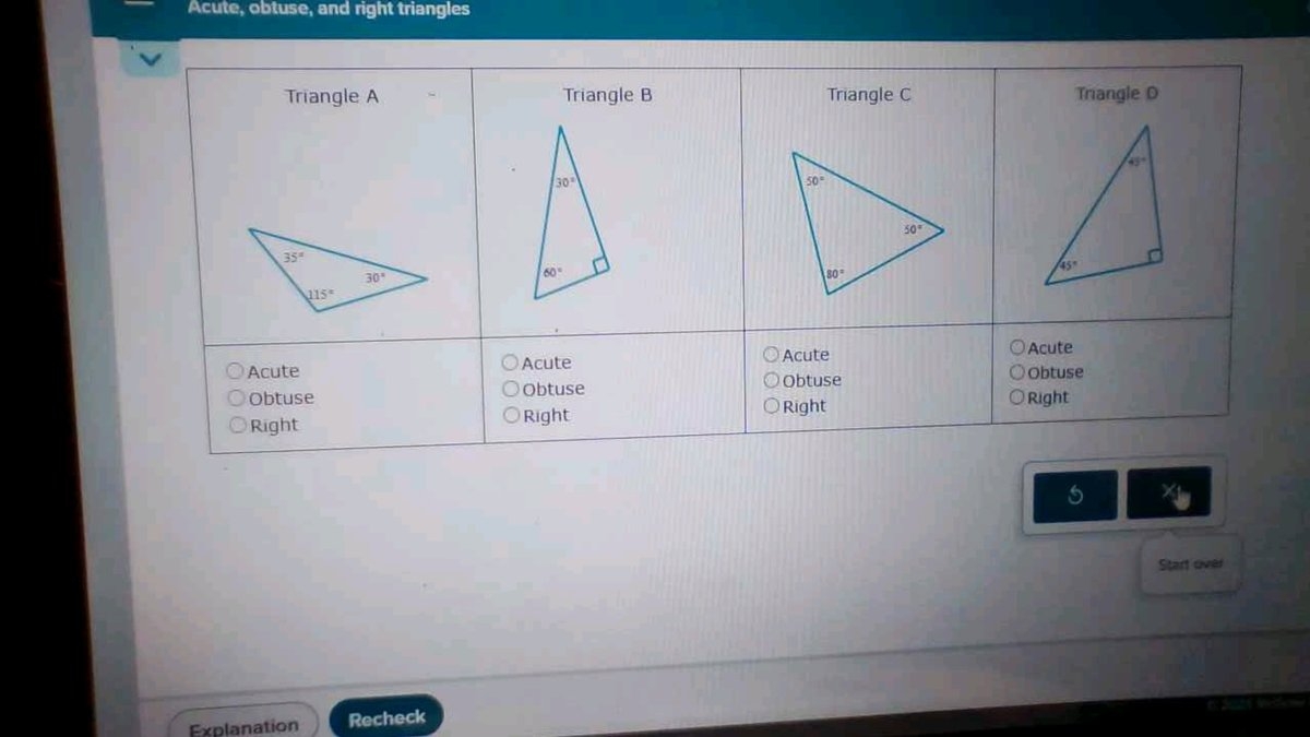 Classify The Following Triangles As Acute Obtuse Or Right Triangle A 