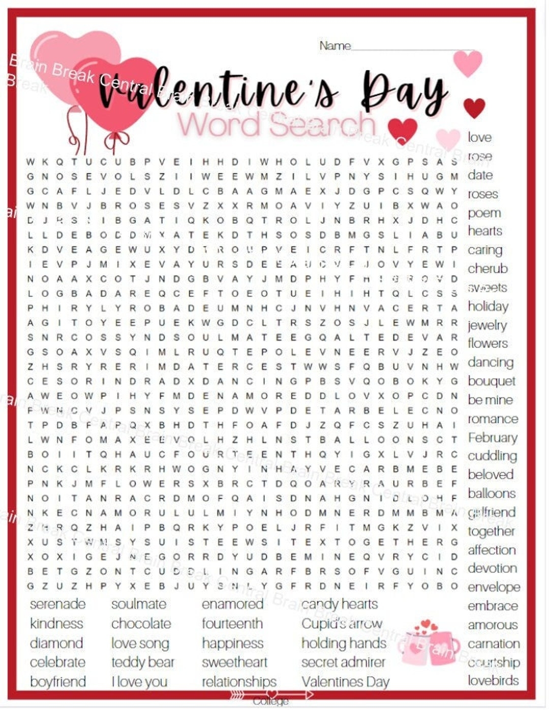 College adult Valentine s Day Word Search With Answer Key Printable Etsy Israel