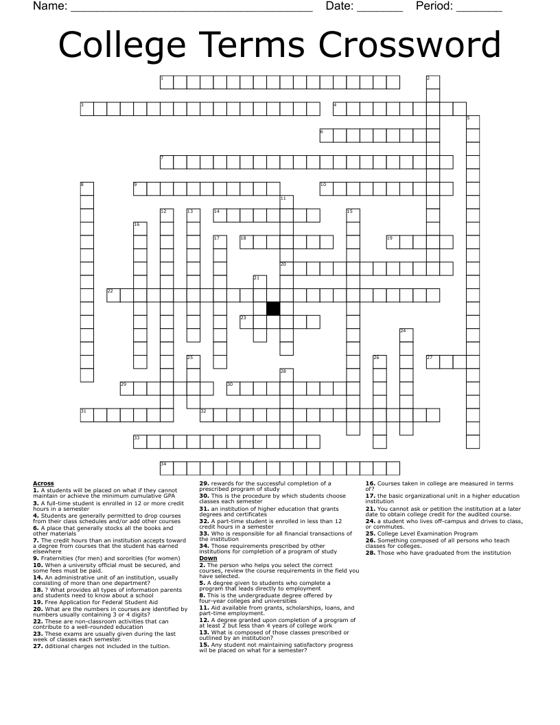 small college class crossword clue