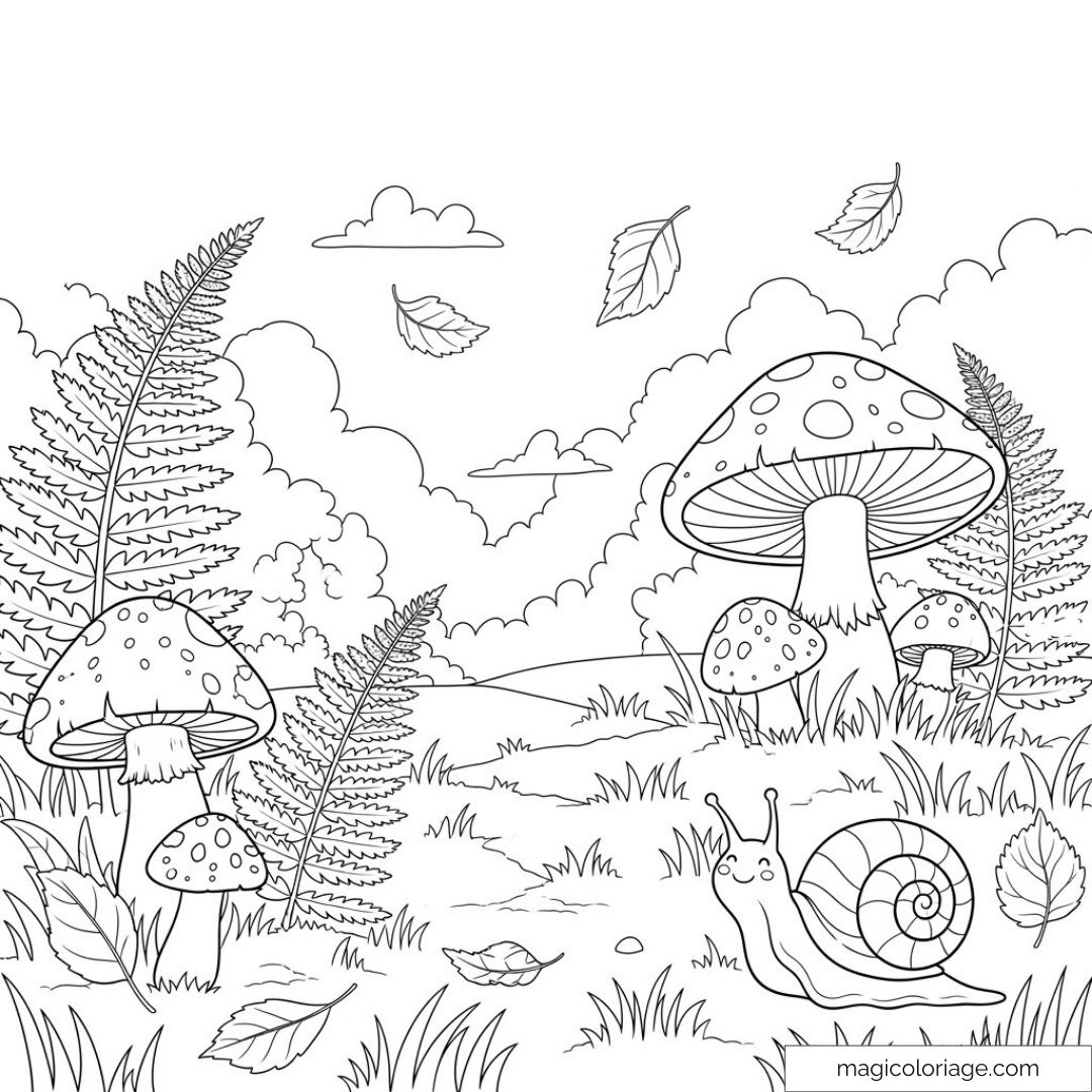Coloriage De For t Enchant e Avec Escargot Et Champignons