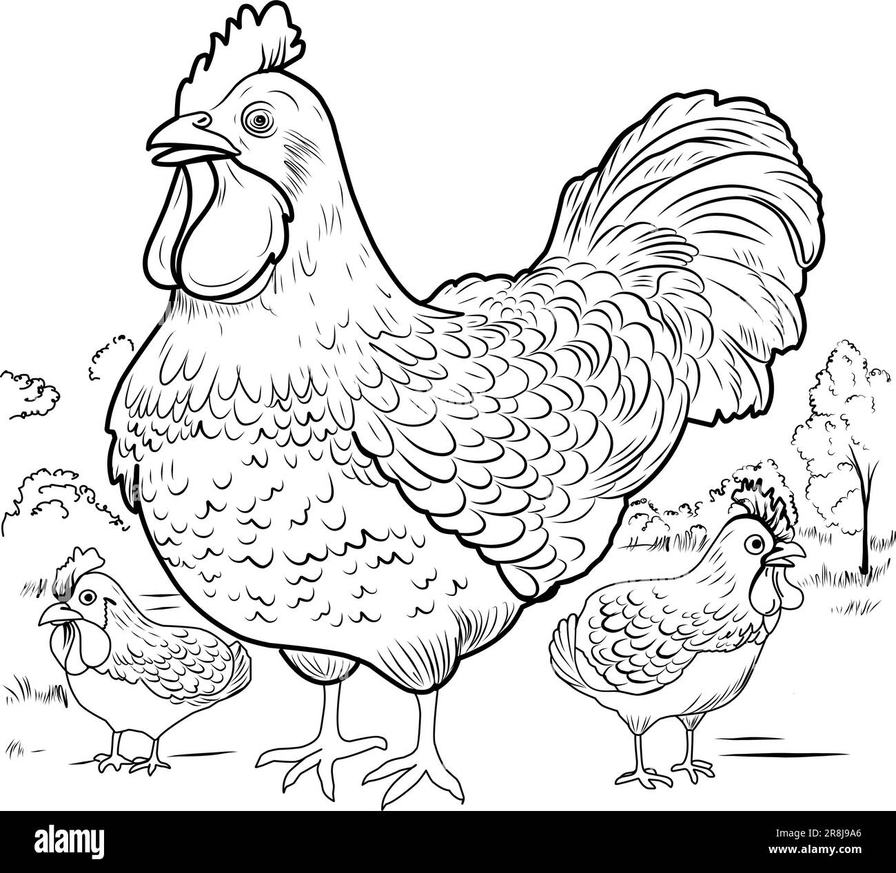 COLORING PAGE Chicken With Chicks Hen Laying Hen Cute Funny Character Linear Illustration Childrens For Coloring Bird Farm Stock Vector Image Art Alamy