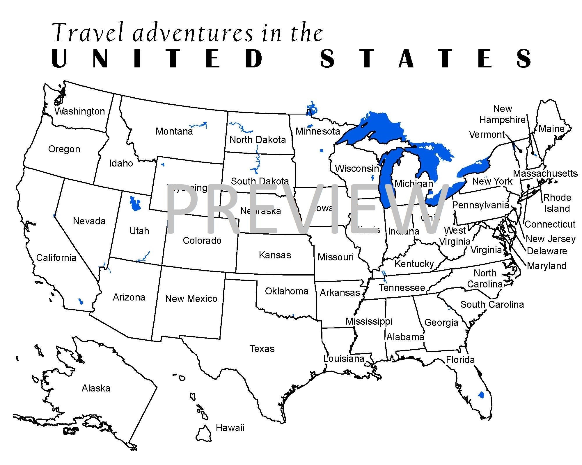Coloring Travel Maps Of United States For Kids Adults And Families Interactive Art with State Names downloadable Etsy
