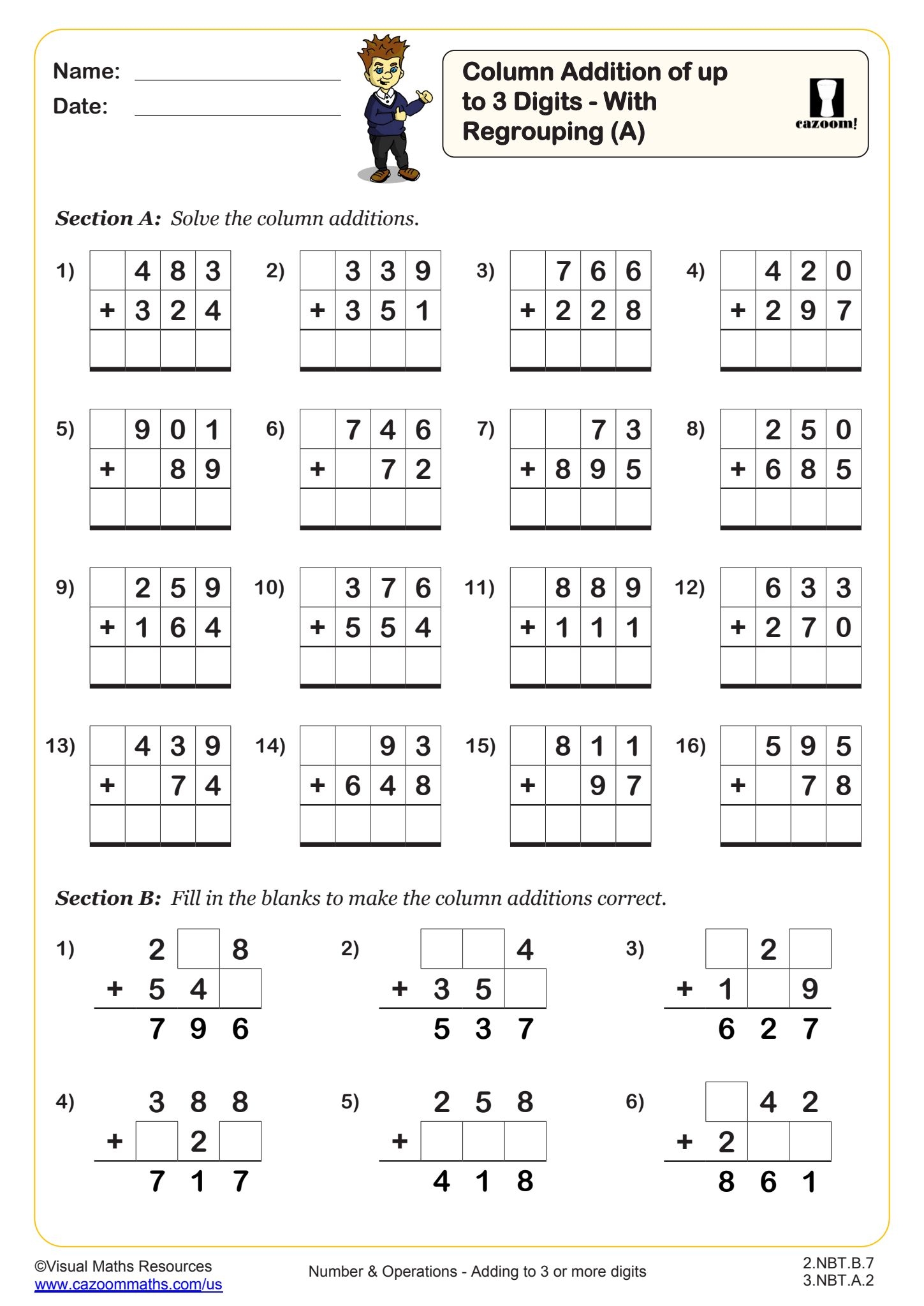 Column Addition Of Up To 3 Digits With Regrouping A Worksheet Fun And Engaging 2nd Grade And 3rd Grade Number Operations Worksheet