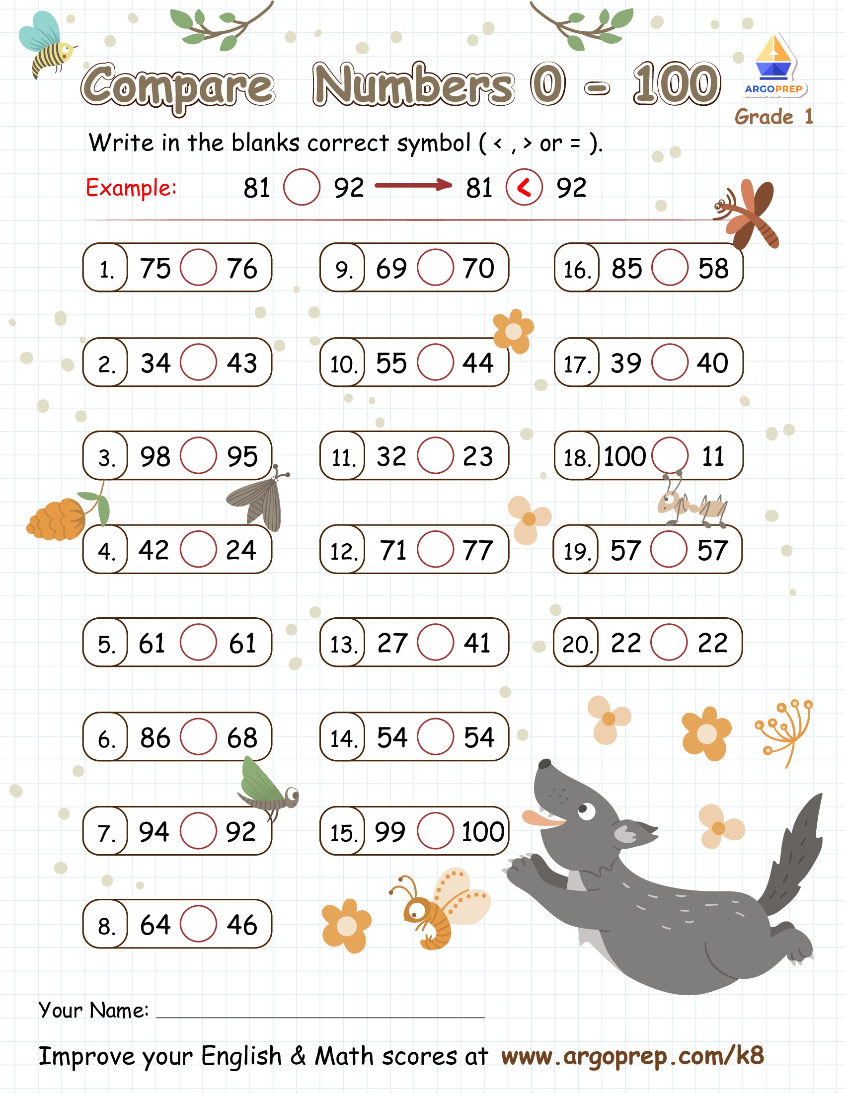 Comparing Numbers 0 100 1st Grade Comparing Numbers Worksheets ArgoPrep