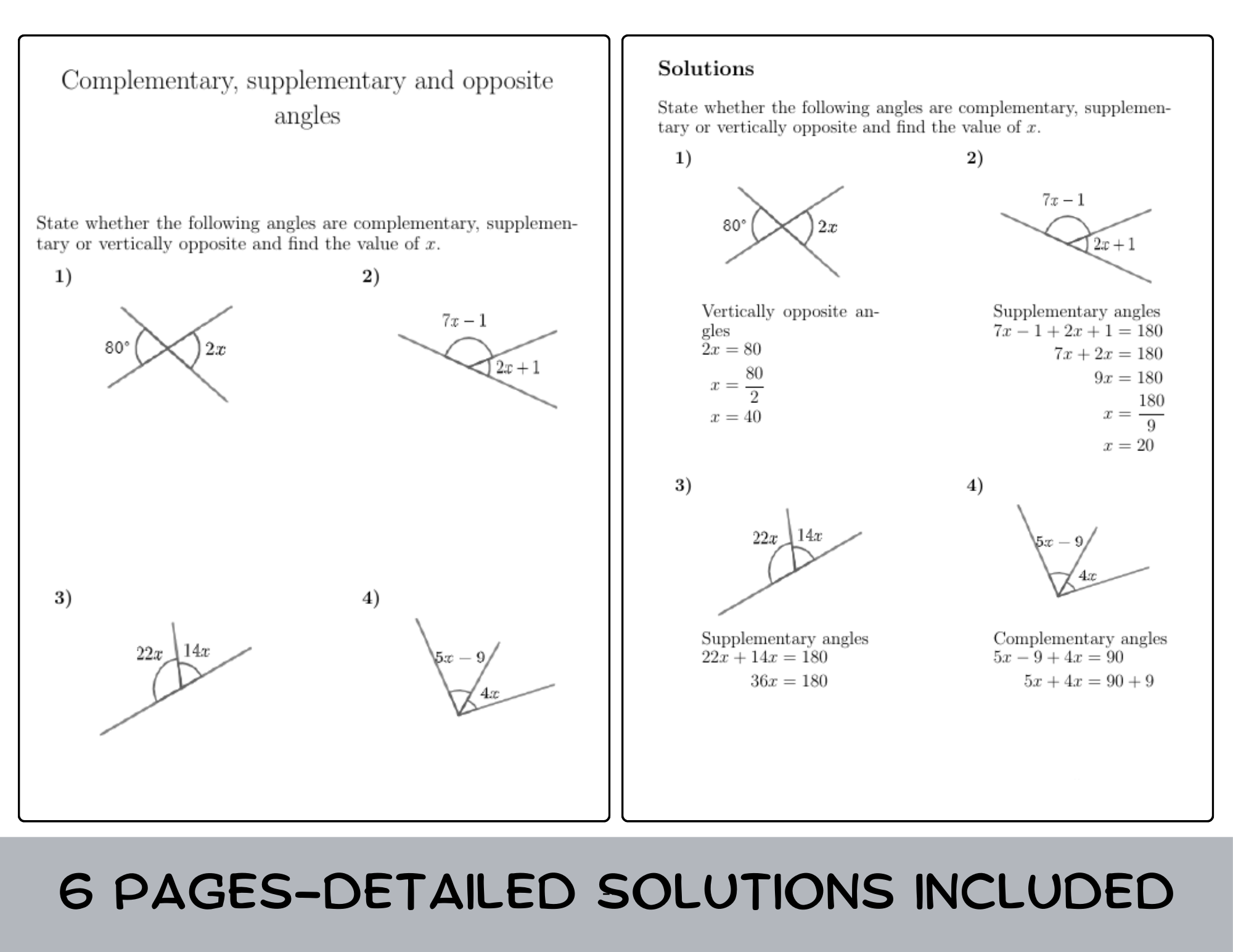 Complementary Supplementary And Opposite Angles Worksheet with Solutions Teaching Resources Complementary Supplementary And Opposite Angles Worksheet with Solutions Teaching Resources