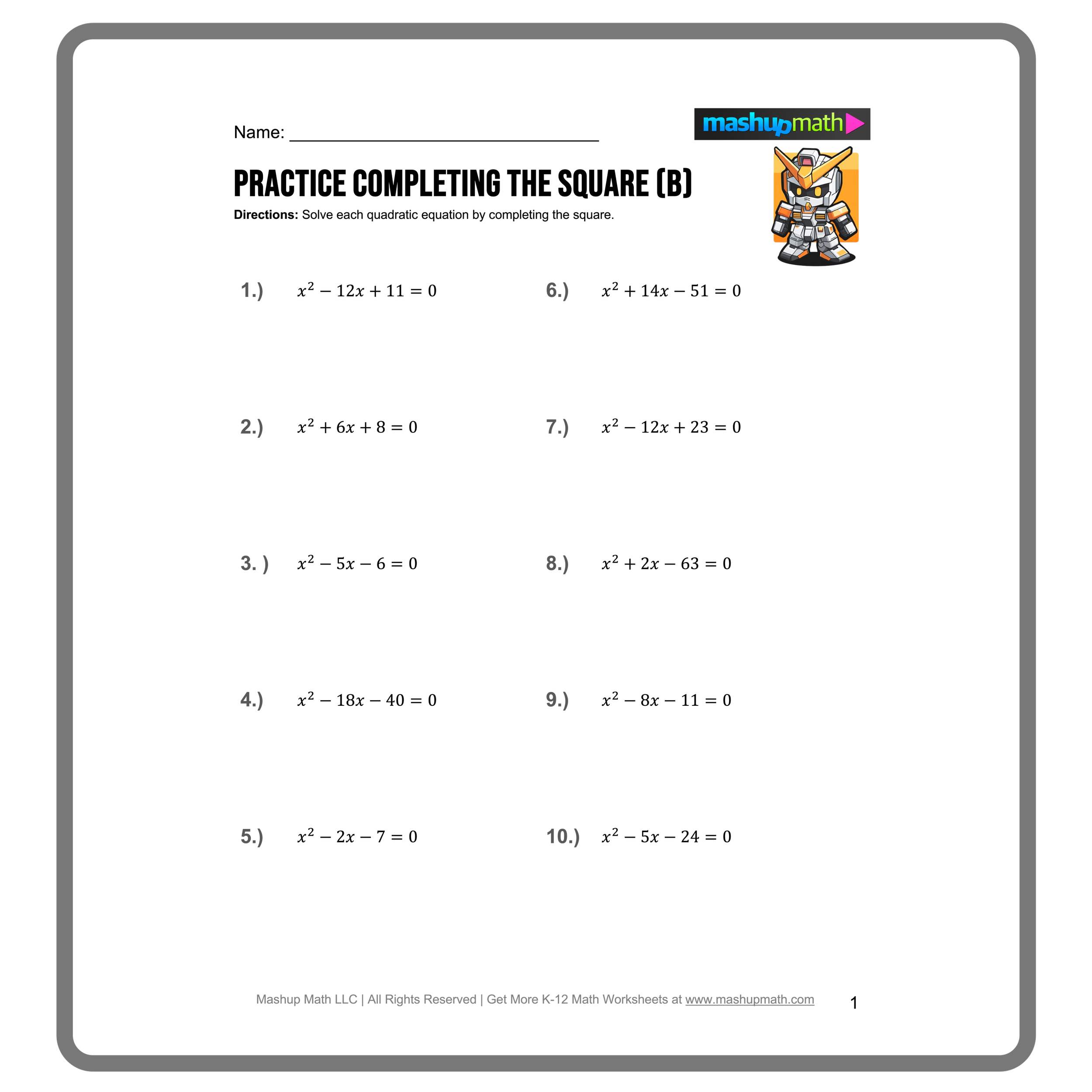 Completing The Square Worksheets Printable With Answers Mashup Math Completing The Square Worksheets Printable With Answers Mashup Math
