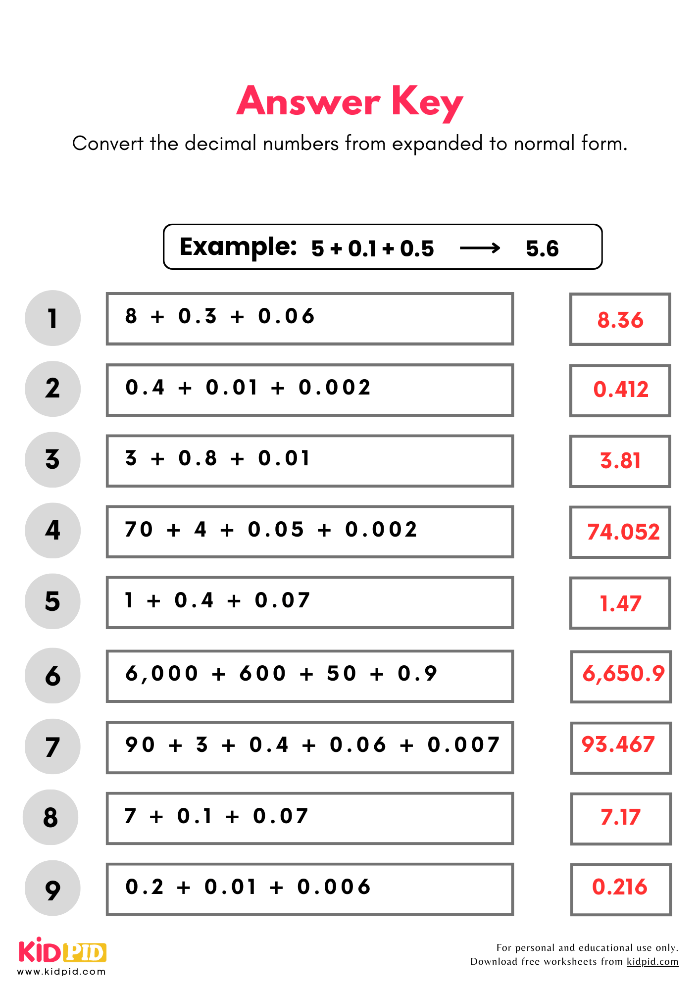 Convert Decimal Numbers Expanded To Normal Form Place Value Worksheet For Grade 5 Kidpid
