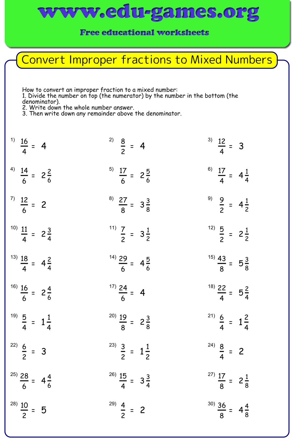Convert Improper Fractions To Mixed Numbers Free Worksheet PDF
