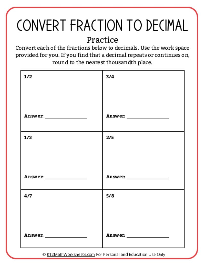 Converting Fractions To Decimals Worksheets Converting Fractions To Decimals Worksheets