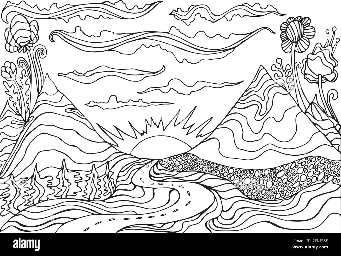 Creative Coloring Page Fantasy With A Mountain Landscape clouds sun And The Road Leading Into The Sunset Cartoon Doodle Style Fantastic Psychedelic Stock Vector Image Art Alamy