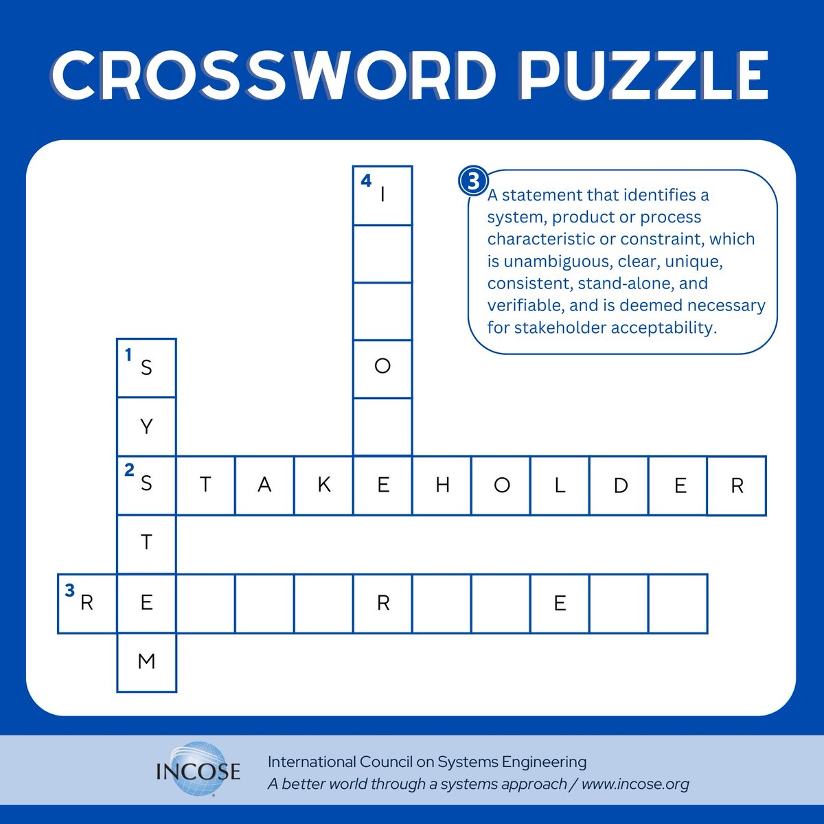 Crossword Clue 3 A Statement That Identifies A System Product Or Process Characteristic Or Constraint Which Is Unambiguous Clear Unique Consistent Stand alone And Verifiable And Is Deemed Necessary For Stakeholder Accessibility Crossword Clue 3 A Statement That Identifies A System Product Or Process Characteristic Or Constraint Which Is Unambiguous Clear Unique Consistent Stand alone And Verifiable And Is Deemed Necessary For Stakeholder Accessibility