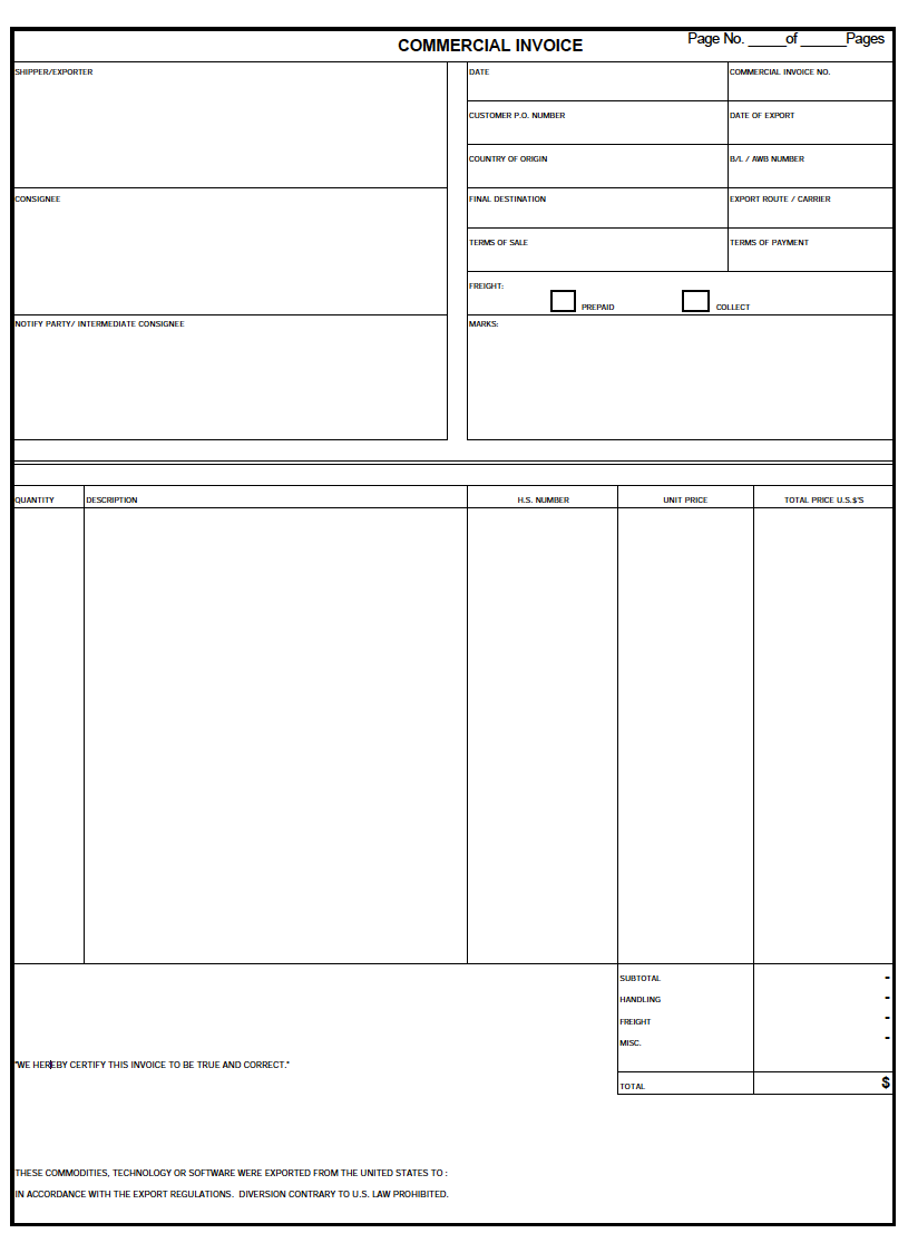 commercial invoice template word
