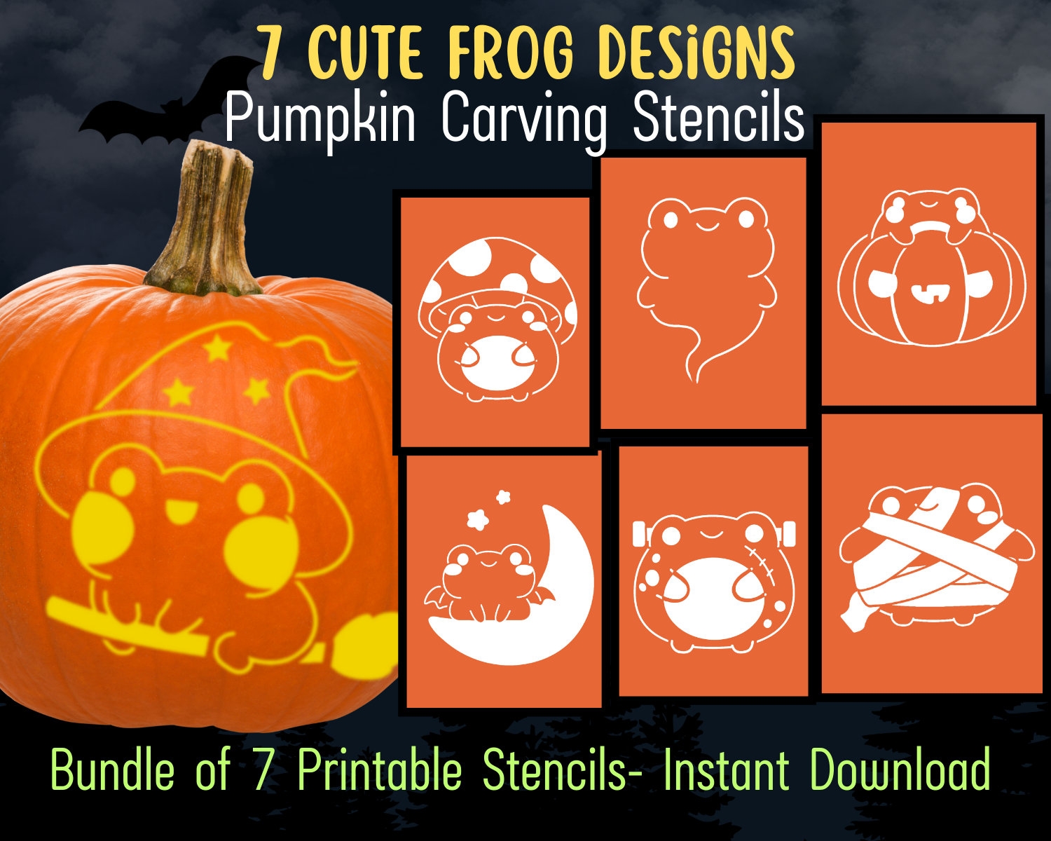 Cute Frog Design Pumpkin Carving Stencil Cute Kawaii Pumpkin Carving Template Pumpkin Carving Pattern Pumpkin Carving Party Kawaii Frog Etsy