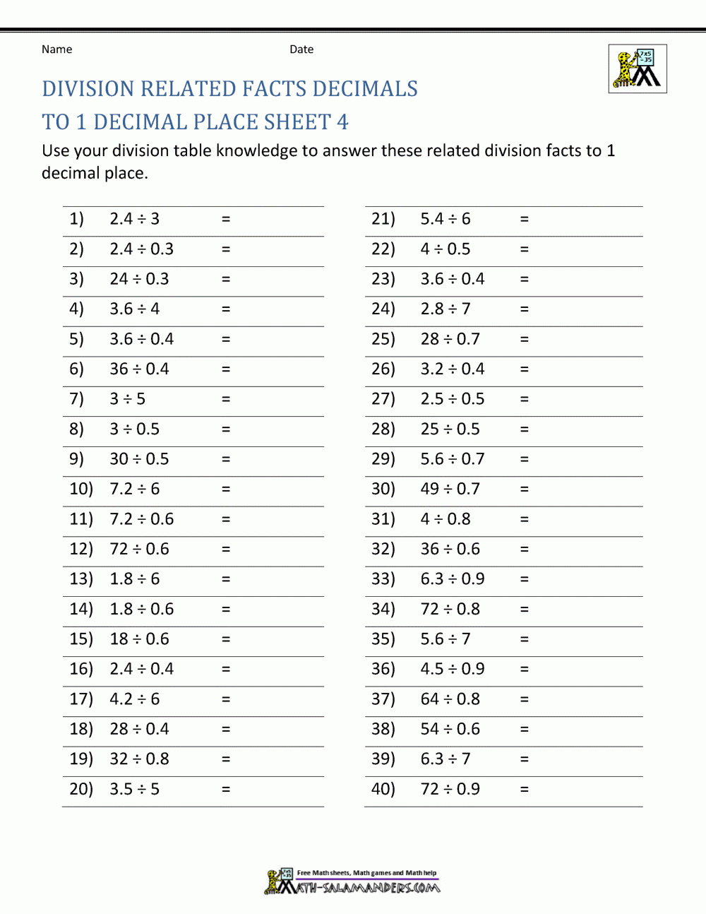 Decimal Division Worksheets Decimal Division Worksheets