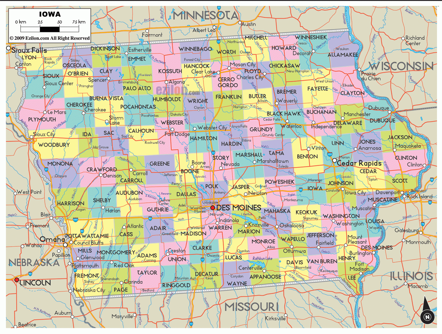 Detailed Map Of Iowa With Cities Counties And Roads Ezilon Maps