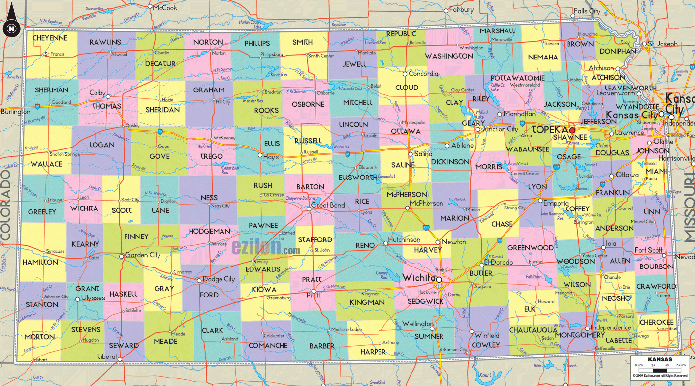 Detailed Map Of Kansas With Cities Counties And Roads Ezilon Maps