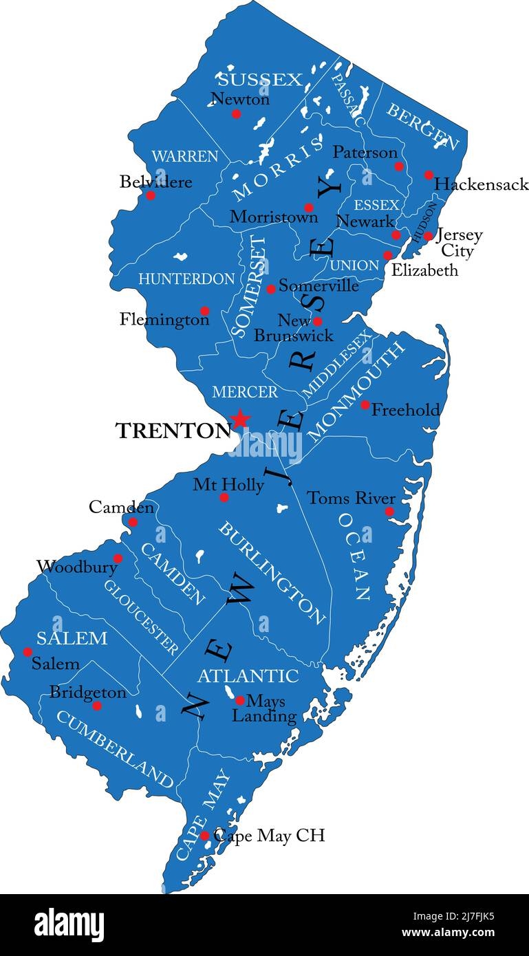 Detailed Map Of New Jersey State in Vector Format with County Borders And Major Cities Stock Vector Image Art Alamy