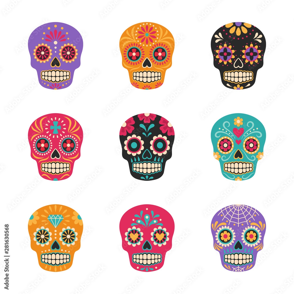 Dia De Los Muertos Vector Collection Of Mexican Traditional Sugar Skulls In Various Colors Isolated On White Stock Vector Adobe Stock