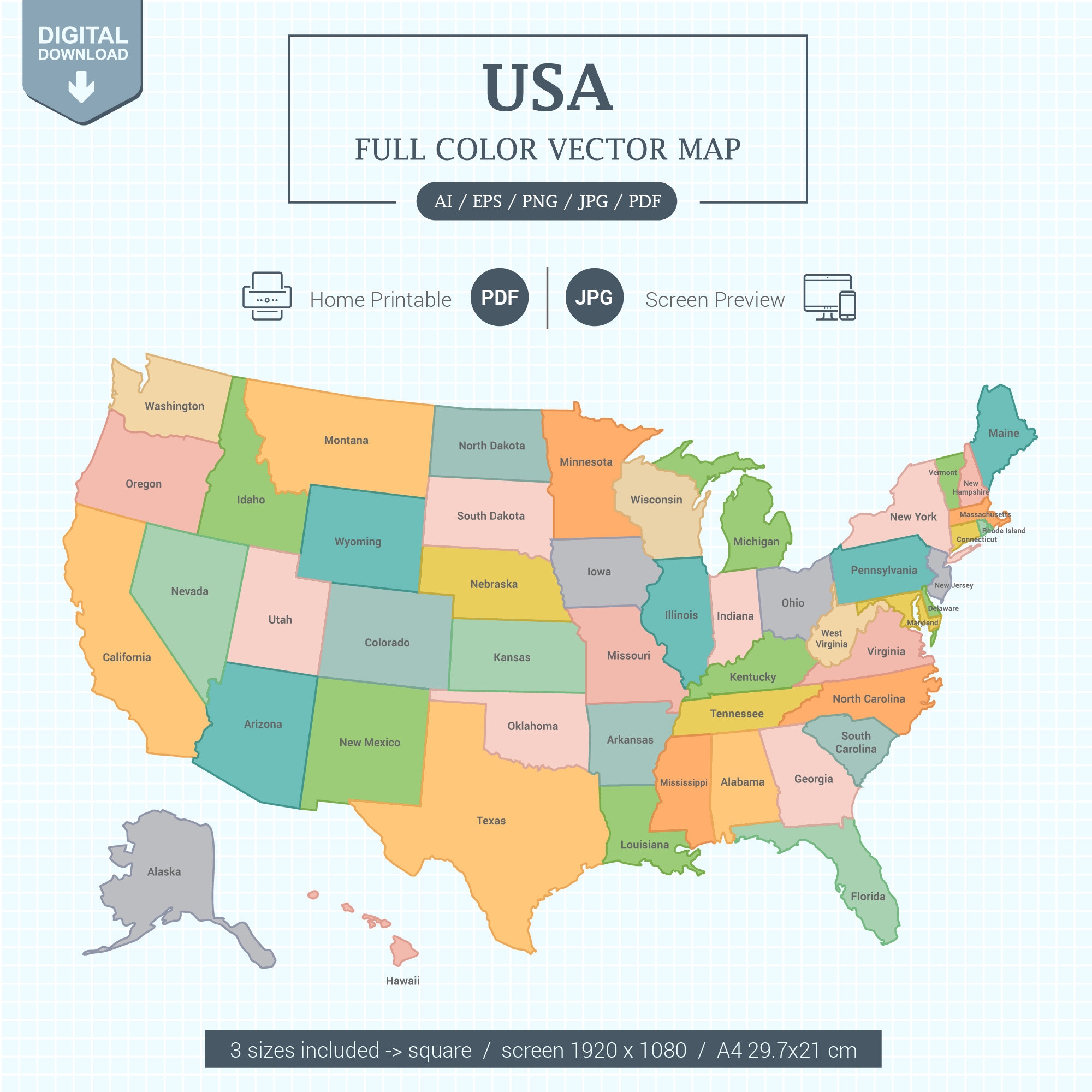 Digital USA Map Full Color With States Printable Poster Large Size And A4 PDF Screen View Size And Vector Illustrator Editable Etsy
