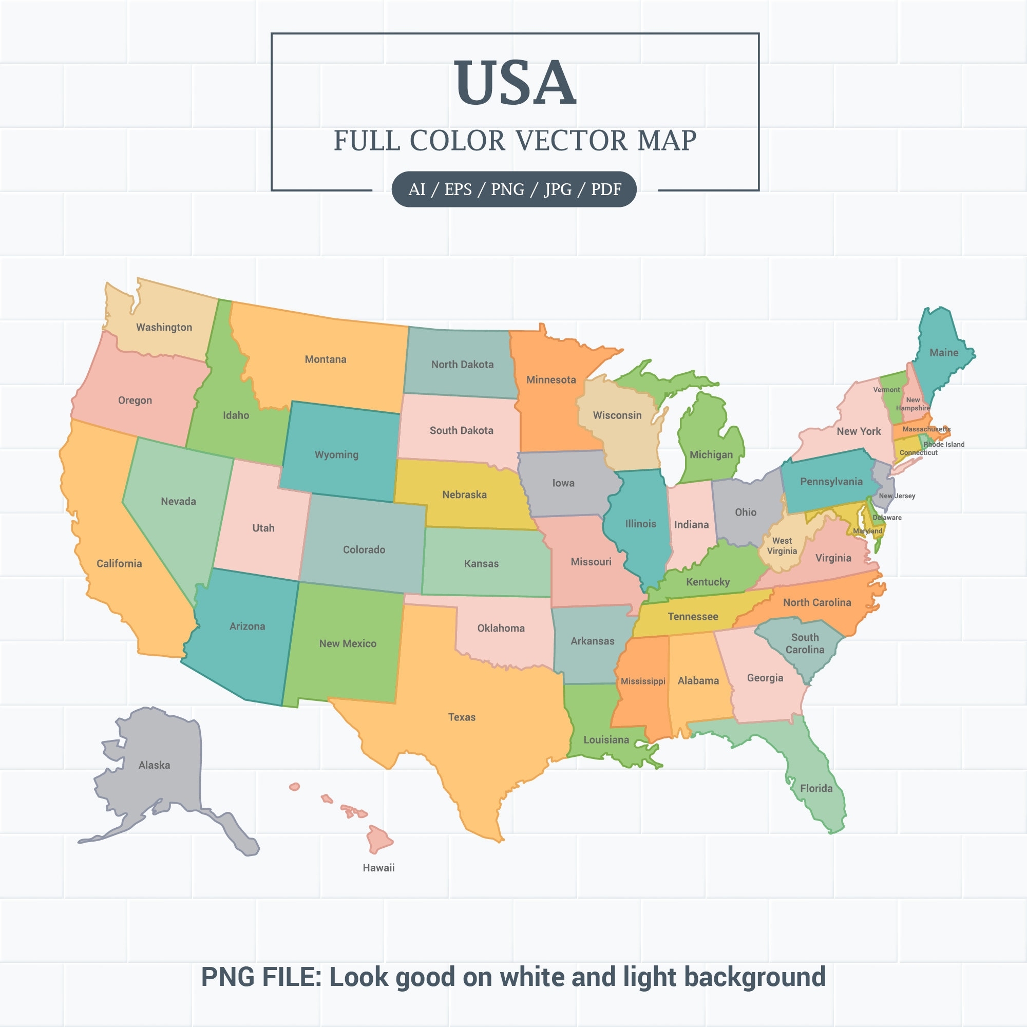 Digital USA Map Full Color With States Printable Poster Large Size And A4 PDF Screen View Size And Vector Illustrator Editable Etsy
