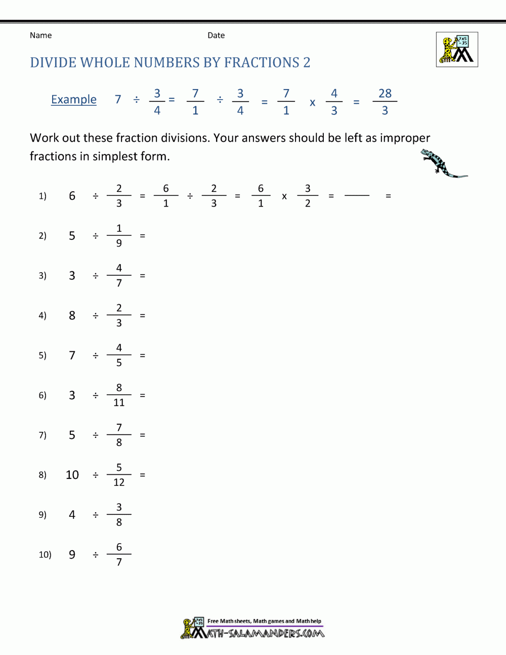 Divide Whole Numbers By Fractions