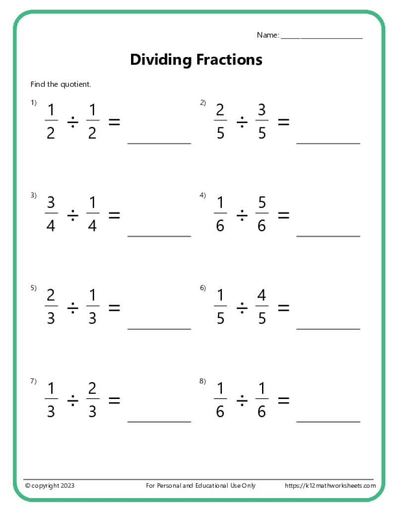 Dividing Fractions Worksheets