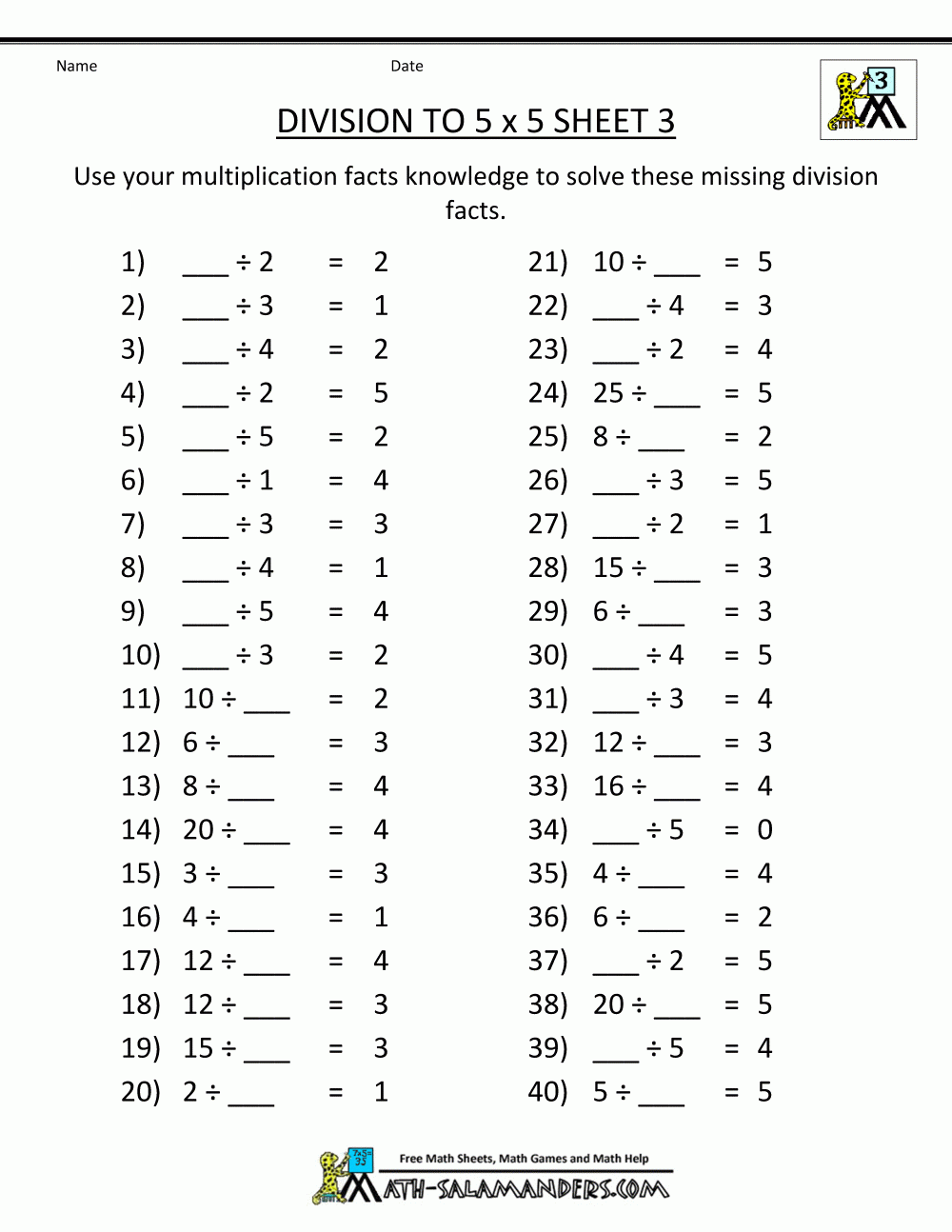 Division Facts Worksheets Division Facts Worksheets