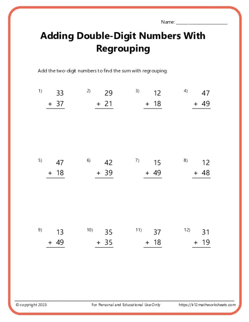 Double Digit Addition With Regrouping Worksheets