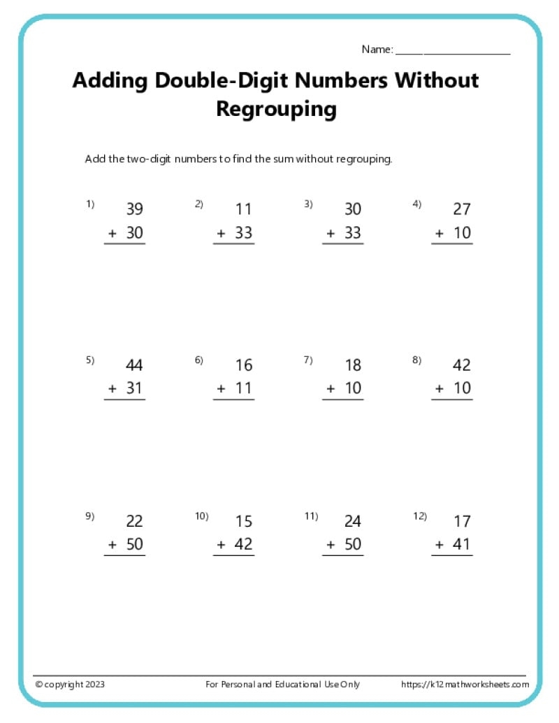 Double Digit Addition Without Regrouping Worksheets Double Digit Addition Without Regrouping Worksheets