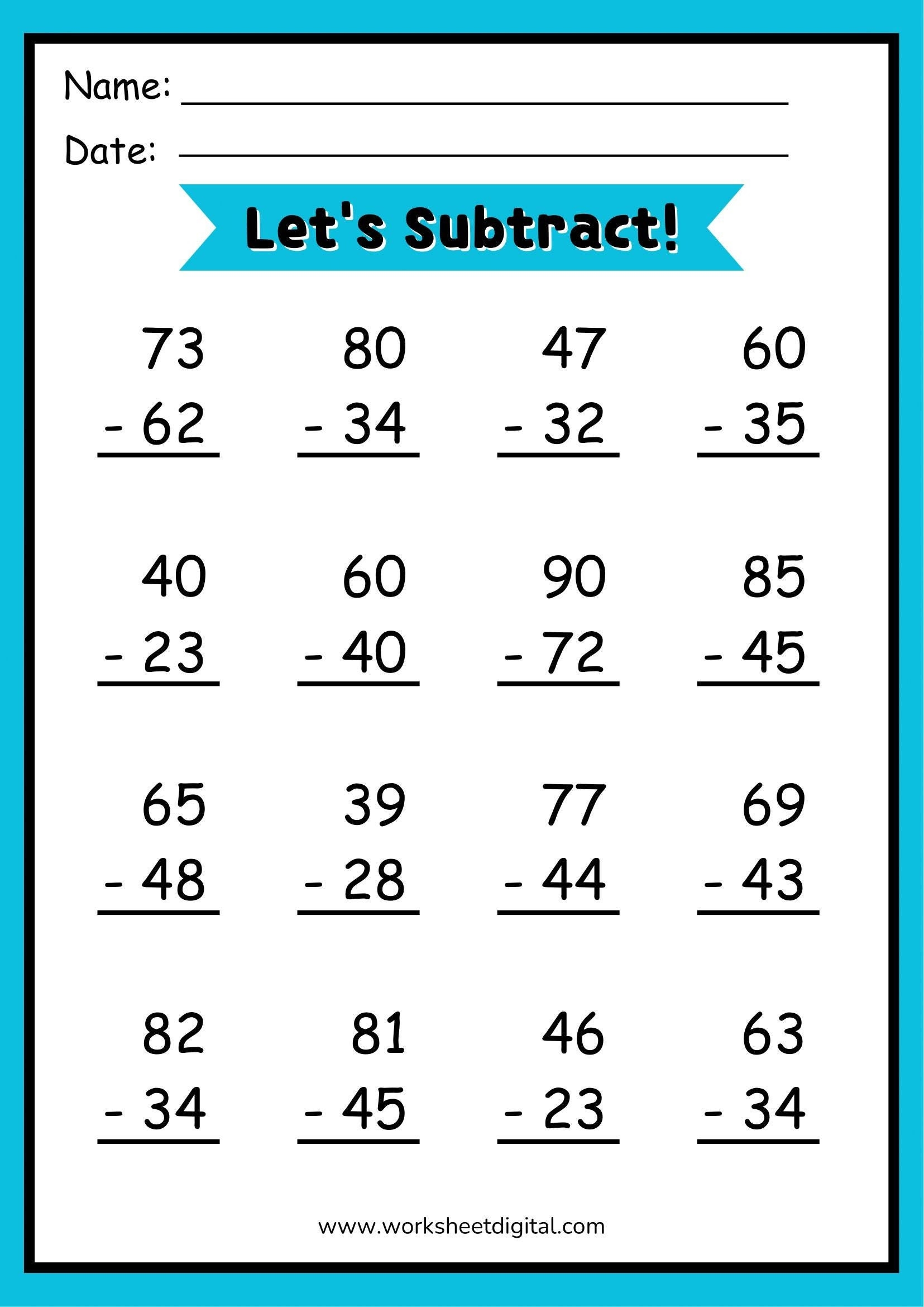 Double Digit Subtraction Worksheet Regrouping Practice PDF Etsy