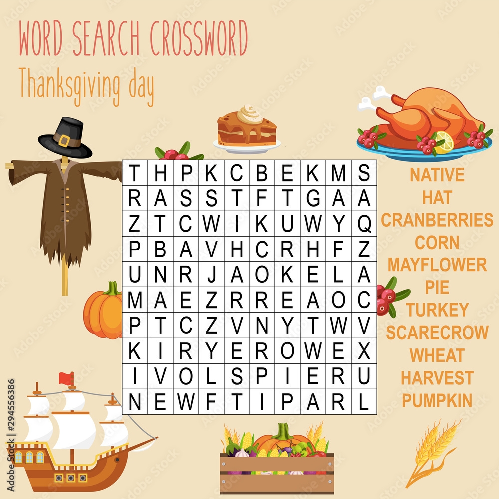 Easy Word Search Crossword Puzzle Thanksgiving Day For Children In Elementary And Middle School Fun Way To Practice Language Comprehension And Expand Vocabulary Includes Answers Stock Vector Adobe Stock